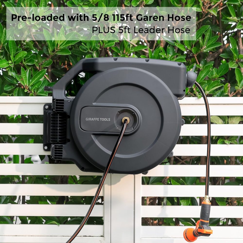 Giraffe Tools AW505/8 Retractable Garden Hose Reel 5/8" x 115+5 ft, Heavy Duty Wall Mounted Water Hose Reel Automatic Rewind, 180 Deg Swivel Bracket, Slow Retraction, 115ft, Dark Grey - Image 3