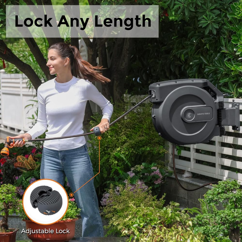 Giraffe Tools AW505/8 Retractable Garden Hose Reel 5/8" x 115+5 ft, Heavy Duty Wall Mounted Water Hose Reel Automatic Rewind, 180 Deg Swivel Bracket, Slow Retraction, 115ft, Dark Grey - Image 4